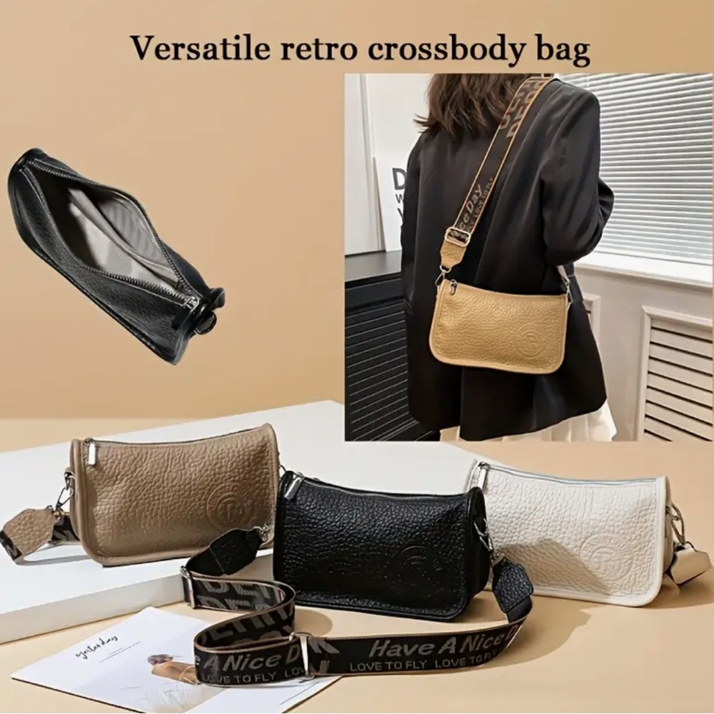 Black Pebble Textured Shoulder Bag with Logo Strap NIP - Picture 11 of 11